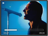 Bono i ett videofönster med vit pil i hörnet