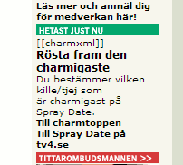Notis på TV4:s webbsida med texten 'charmxml. Rösta fram den charmigaste.'