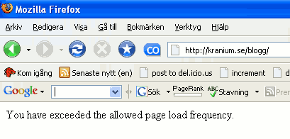 Webbsida med &lsquo;You have exceeded the allowed page load frequency.&rsquo; som enda innehåll