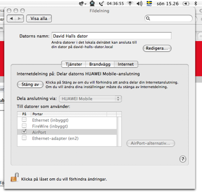 Skärmbild med dialogrutan Fildelning i Mac OS X
